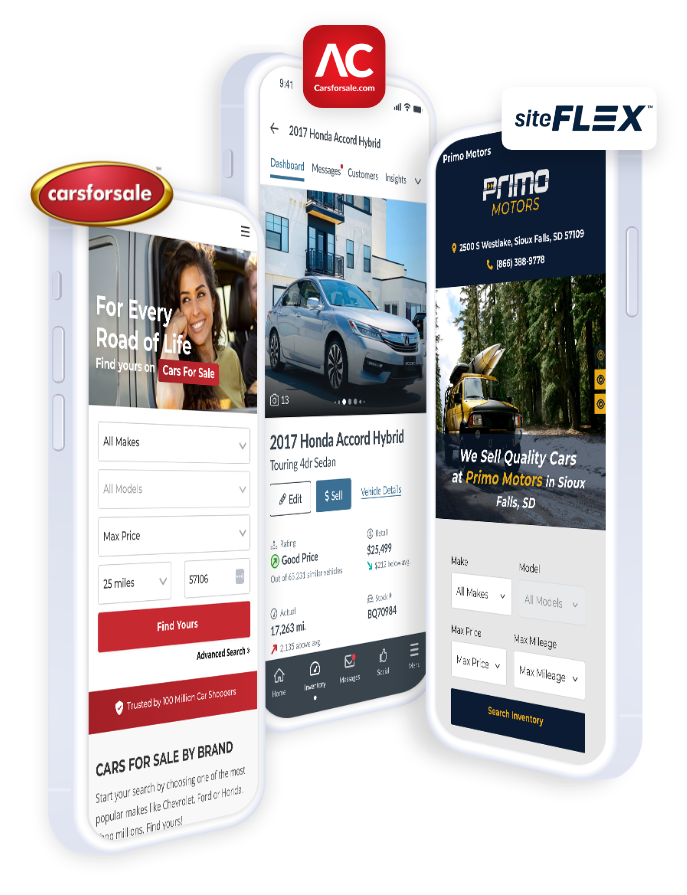 Cars For Sale, Dealer App, and Dealer Website on mobile phones