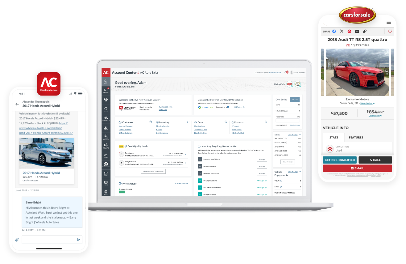 Dealer App, Account Center Dashboard, and Cars For Sale Vehicle page