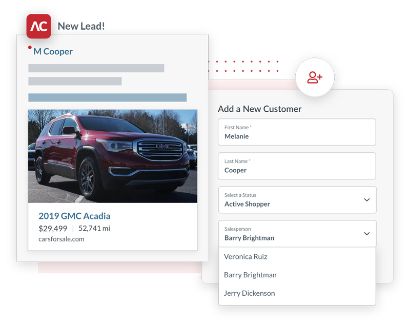 Visual of new vehicle lead notification alongside a visual of assigning a new customer to a salesperson.