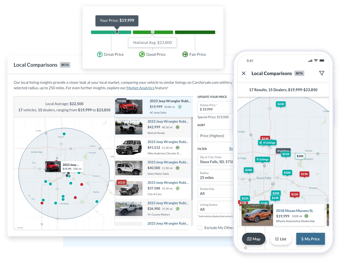 Mockup of screens that feature lists of vehicle cards next to a map with colored dots scattered inside a blue radius circle. There is a green graph with the labels "great price, good price, and fair price" layered on top of the screen.