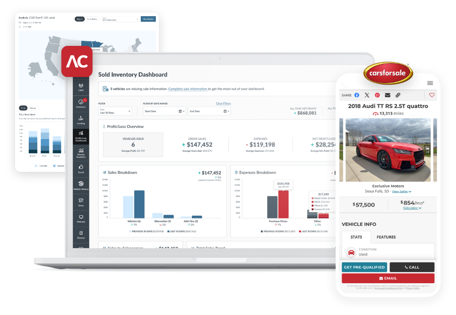 Demo-Hero-Image Laptop featuring dealer software, along with a mobile phone showing a vehicle listing on Carsforsale.com.